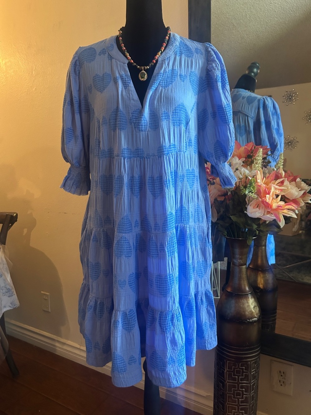 Umgee Light Blue Tiered Midi Dress with Puff Sleeves